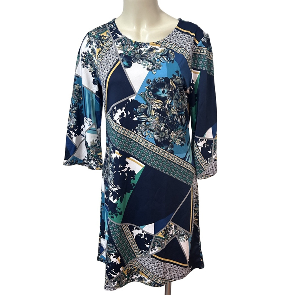 Tacera Patchwork Floral Dress Women’s M Blue Green Gold 3/4 Sleeve